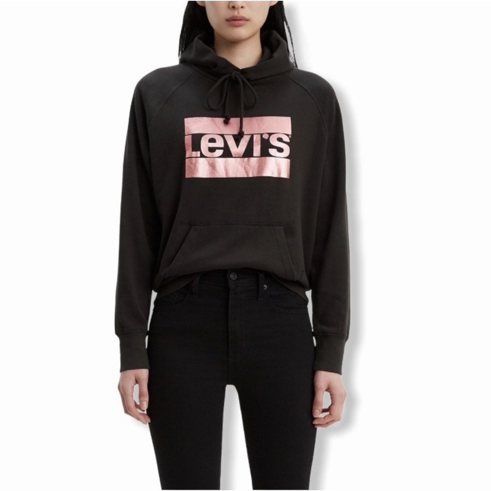 Levi's Womens Metallic Logo-Print Graphic Pullover Hoodie Black S - Picture 2 of 16
